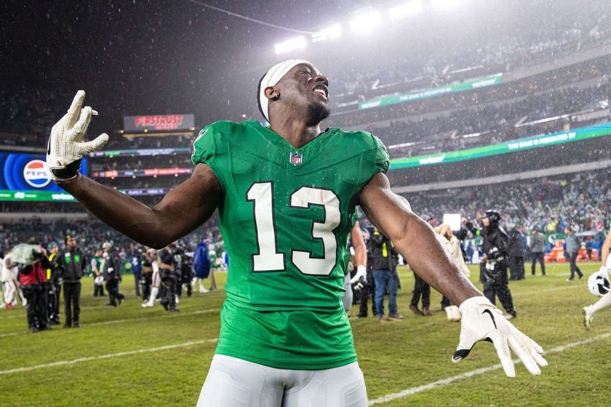 Nov 26, 2023; Philadelphia, Pennsylvania, USA; Philadelphia Eagles wide receiver Olamide Zaccheaus (13) reacts after a victory against the Buffalo Bills at Lincoln Financial Field.