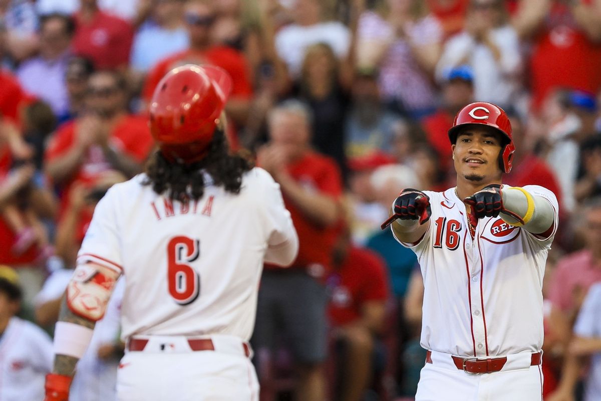 Aug 14, 2024; Cincinnati, Ohio, USA; Cincinnati Reds third baseman Noelvi Marte (16) reacts after second baseman Jonathan India (6) hit a three-run home run in the third inning against the St. Louis Cardinals at Great American Ball Park. Mandatory Credit: Katie Stratman-USA TODAY Sports
