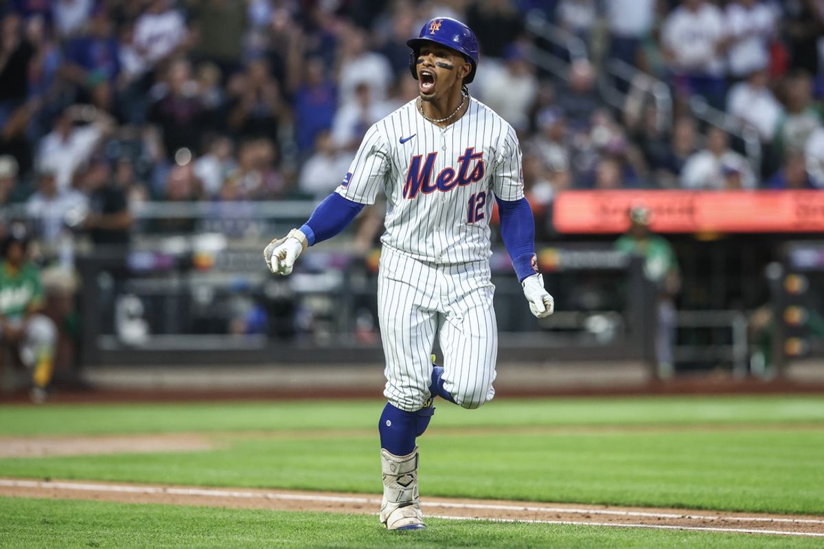 Aug 14, 2024; New York City, New York, USA;  New York Mets shortstop Francisco Lindor (12) reacts after hitting a solo home run in the third inning against the Oakland Athletics at Citi Field. Mandatory Credit: Wendell Cruz-USA TODAY Sports