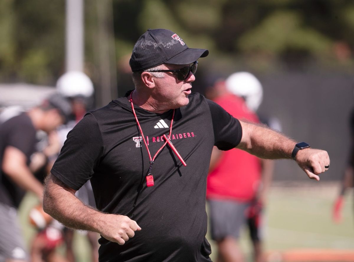 Texas Tech defensive coordinator Tim DeRuyter gestures during a drill during football practice, Wednesday, Aug. 14, 2024, at the Sports Performance Center.