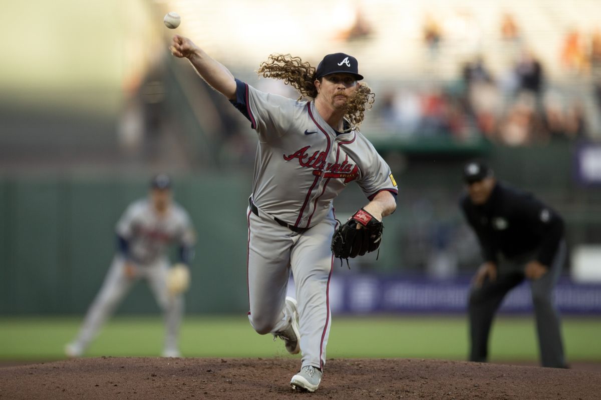 Aug 14, 2024; San Francisco, California, USA; Atlanta Braves pitcher starting Grant Holmes (66) delivers a pitch against the San Francisco Giants during the first inning at Oracle Park. Mandatory Credit: D. Ross Cameron-Imagn Images
