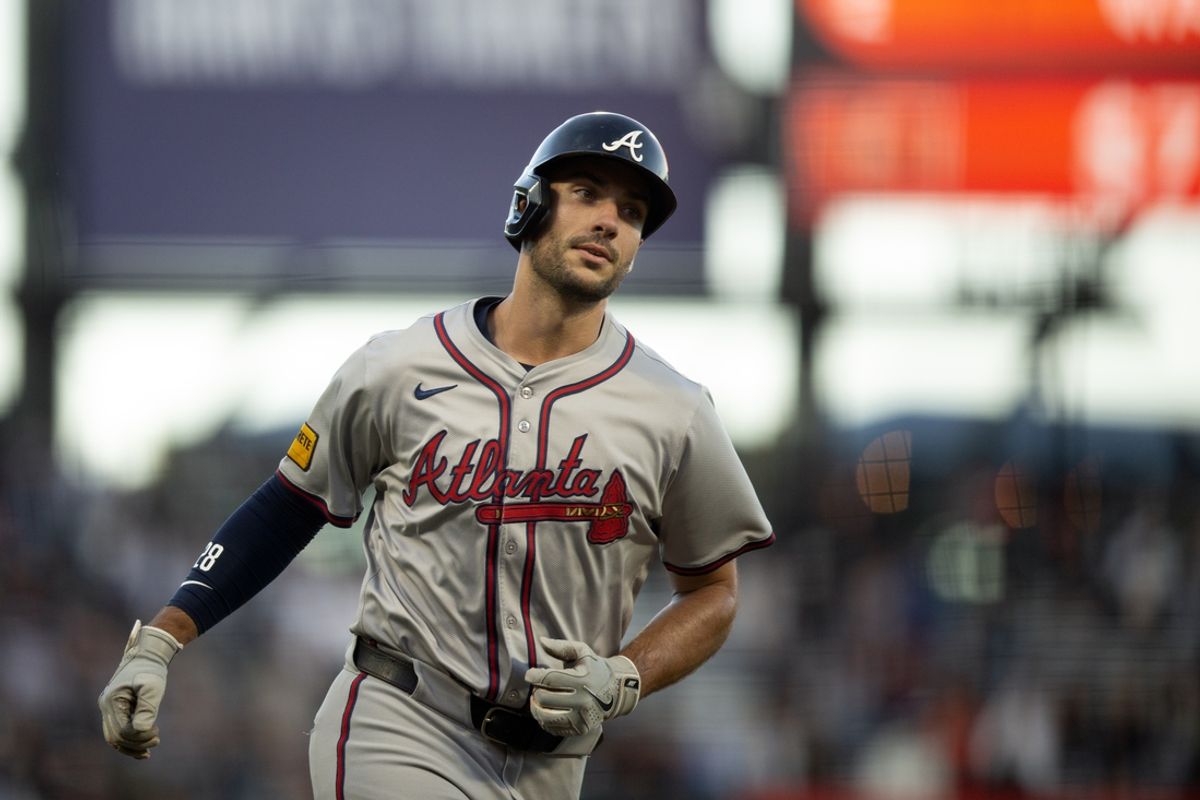 Aug 14, 2024; San Francisco, California, USA; Atlanta Braves first baseman Matt Olson (28) runs out his solo home run against the San Francisco Giants during the third inning at Oracle Park. Mandatory Credit: D. Ross Cameron-USA TODAY Sports
