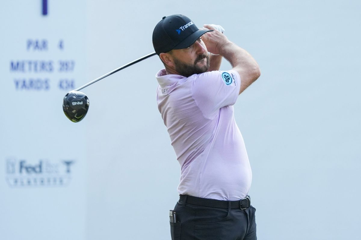 Stephan Jaeger tees off on the first hole on the first day of the FedEx St. Jude Championship at TPC Southwind in Memphis, Tenn., on Thursday, August 15, 2024.