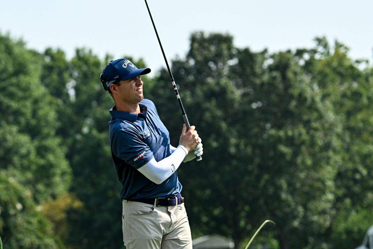 Aug 15, 2024; Memphis, Tennessee, USA; Max Greyserman tees off at the 12 tee box during the first round of the FedEx St. Jude Championship golf tournament at TPC Southwind. Mandatory Credit: Steve Roberts-Imagn Images