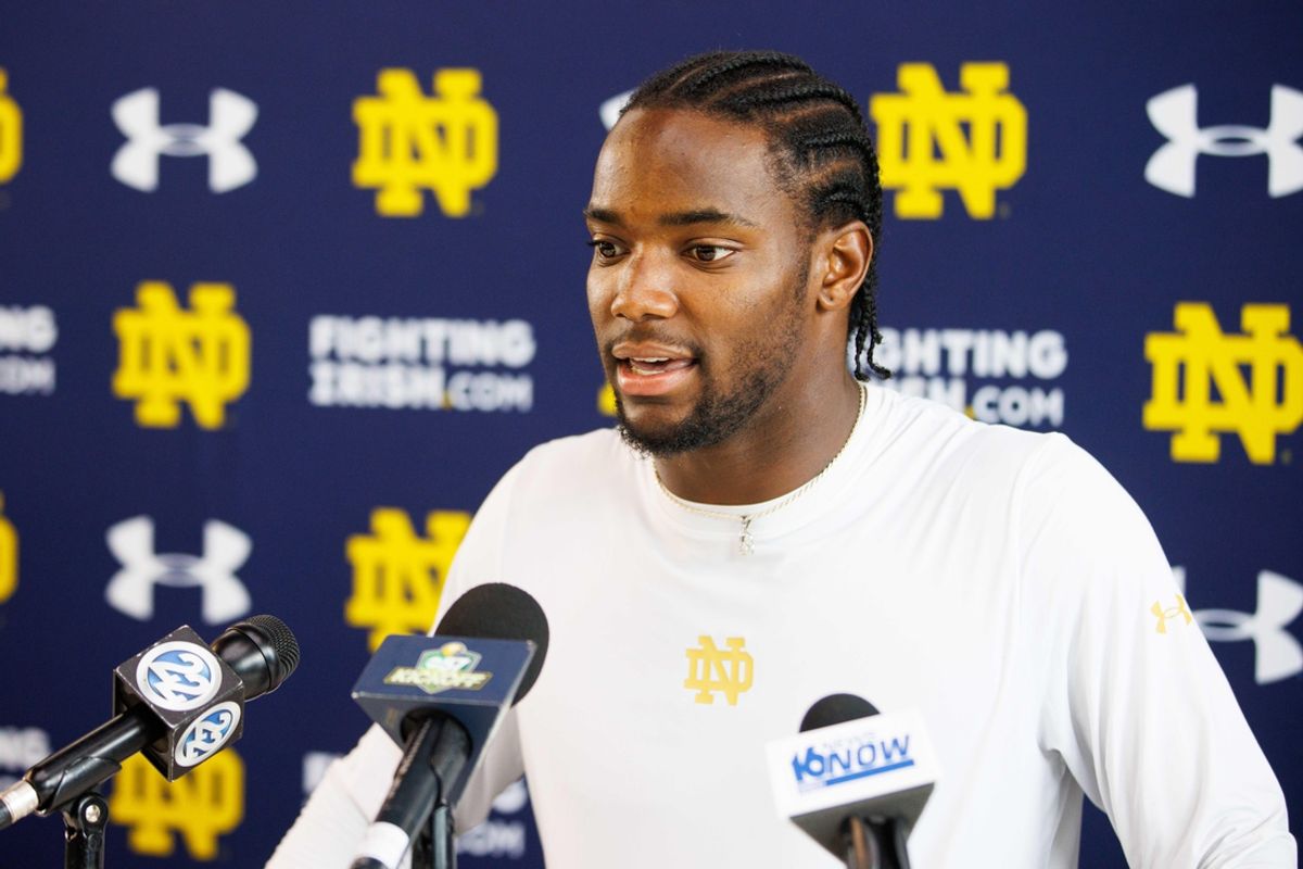 Notre Dame cornerback Benjamin Morrison addresses media after a Notre Dame football practice at Irish Athletic Center on Thursday, Aug. 15, 2024, in South Bend.