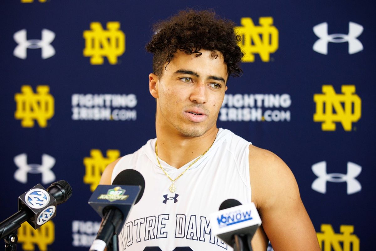 Notre Dame wide receiver Jordan Faison addresses media after a Notre Dame football practice at Irish Athletic Center on Thursday, Aug. 15, 2024, in South Bend.