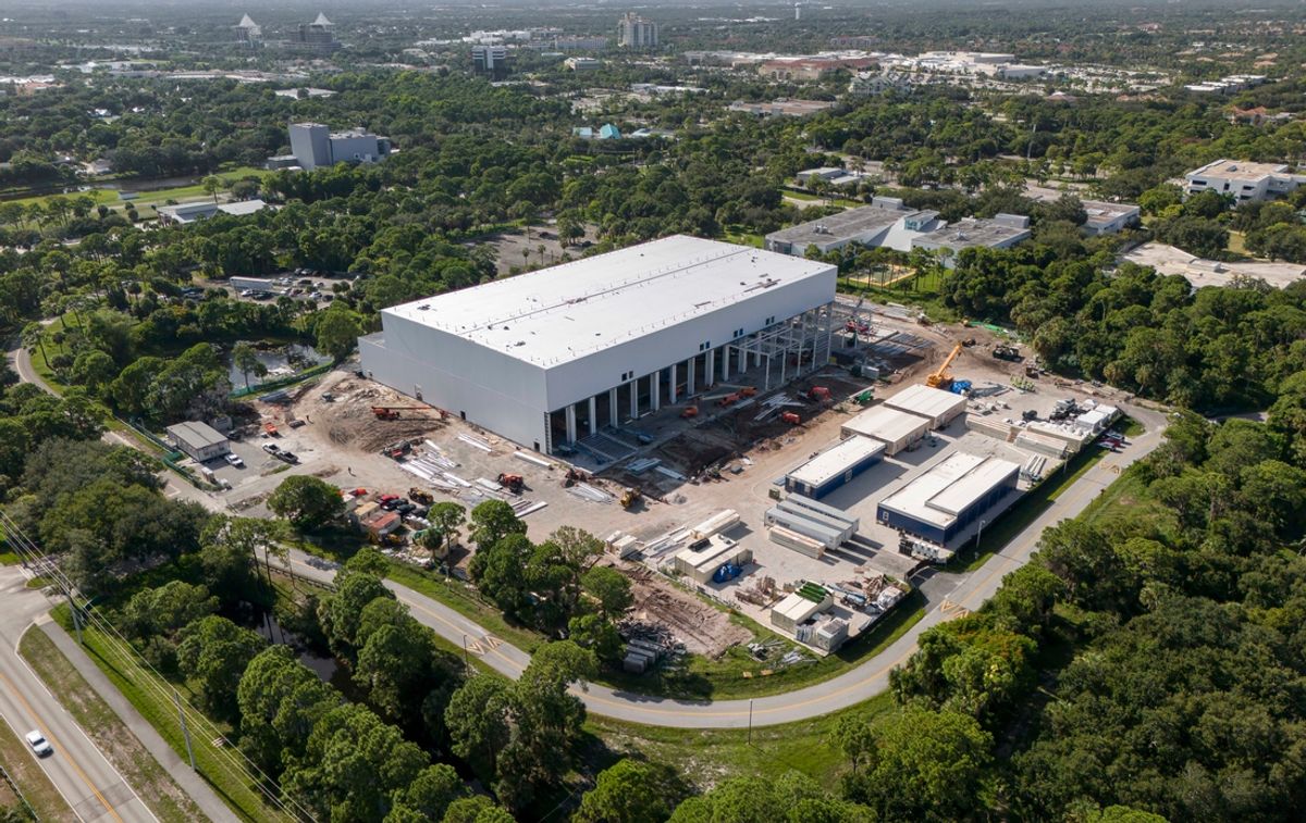 Crews have completed the roof and sides of the SoFi Center for the TGL indoor golf league that was founded by Tiger Woods and Rory McIlroy on Palm Beach State College land on August 14, 2024, in Palm Beach Gardens, Florida.