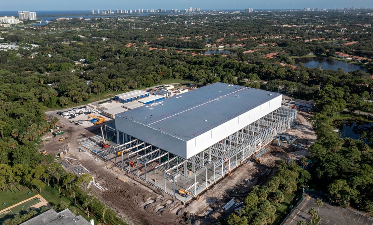Crews have completed the roof and sides of the SoFi Center for the TGL indoor golf league that was founded by Tiger Woods and Rory McIlroy on Palm Beach State College land on August 14, 2024, in Palm Beach Gardens, Florida.
