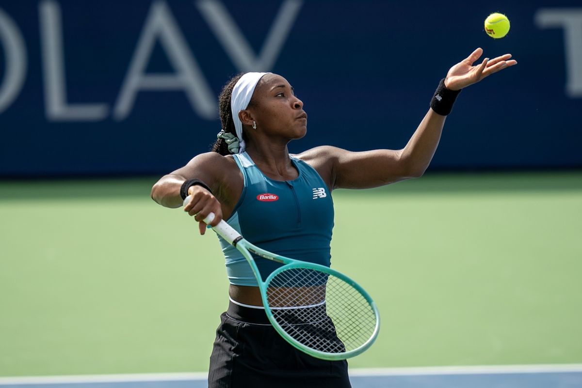 Aug 15, 2024; Cincinnati, OH, USA ; Coco Gauff of the United States serves against Yulia Putintseva of Kazakhstan on day four of the Cincinnati Open. Mandatory Credit: Susan Mullane-Imagn Images