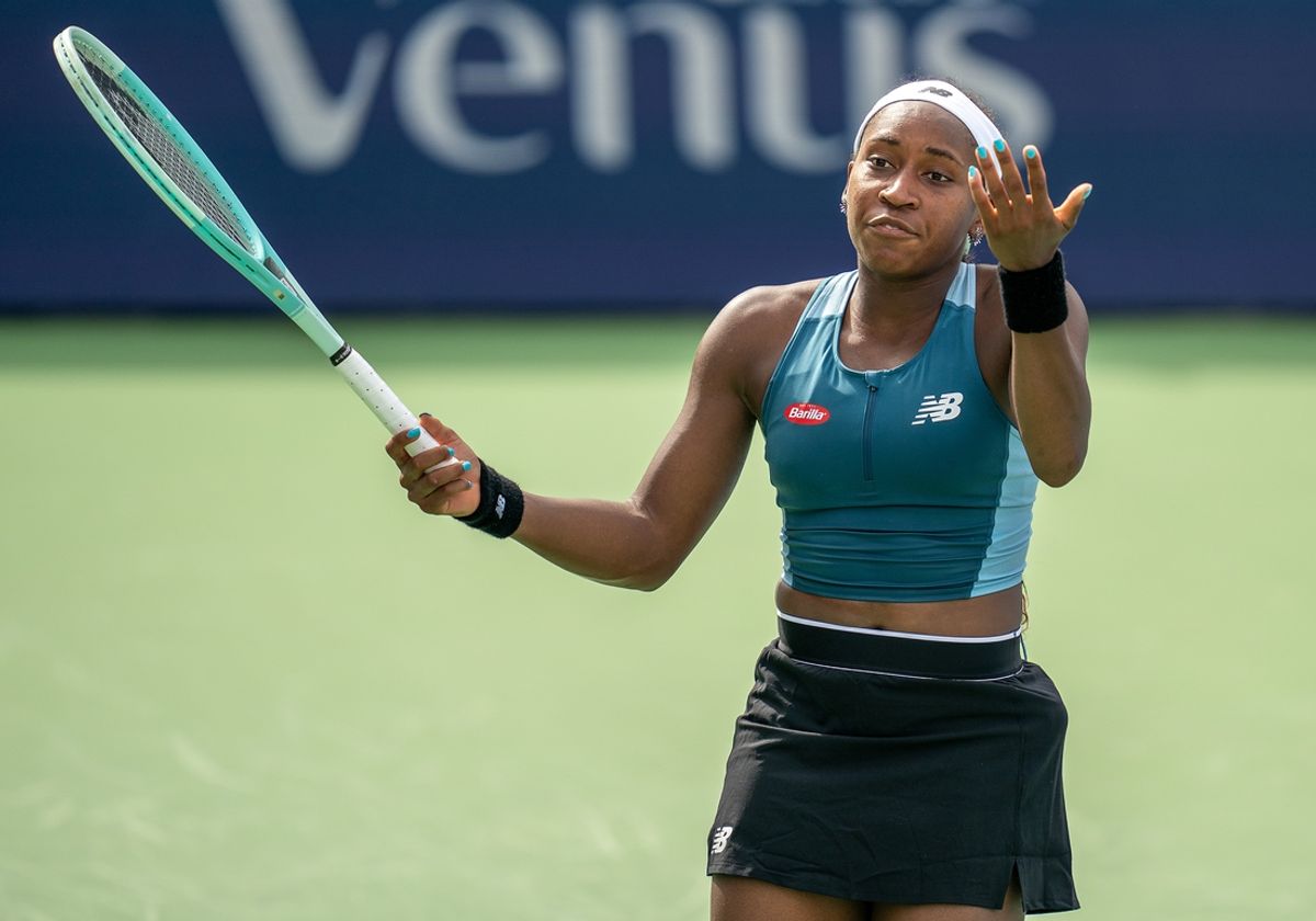 Aug 15, 2024; Cincinnati, OH, USA ; Coco Gauff of the United States reacts during a match against Yulia Putintseva of Kazakhstan on day four of the Cincinnati Open. Mandatory Credit: Susan Mullane-Imagn Images