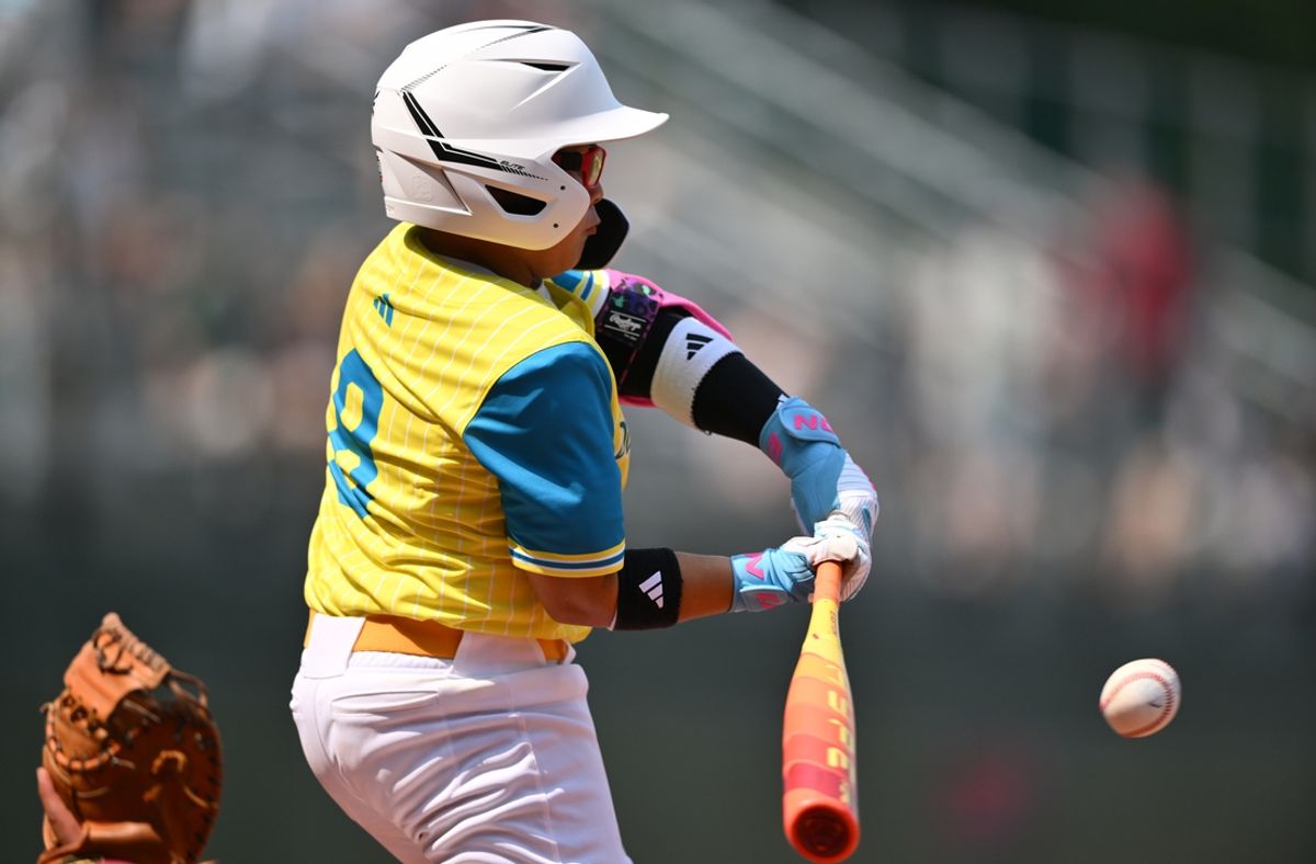 Aug 15, 2024; Williamsport, PA, USA; Puerto Rico infielder Derek Garcia (8) bats against Japan in the third inning at Volunteer Stadium. Mandatory Credit: Kyle Ross-USA TODAY Sports