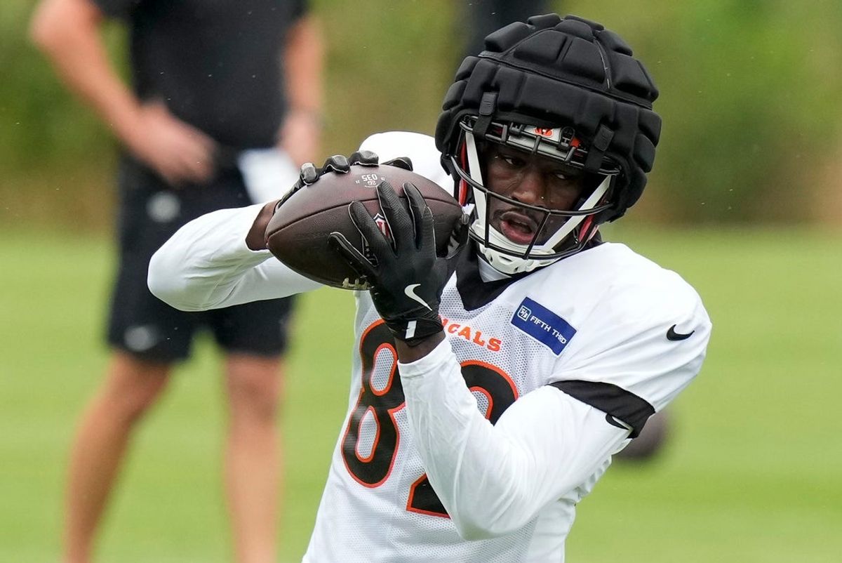 Cincinnati Bengals wide receiver Hakeem Butler (82) catches a pass at the Chicago Bears Halas Hall practice facility in Lake Forest, Ill., on Thursday, Aug. 15, 2024.