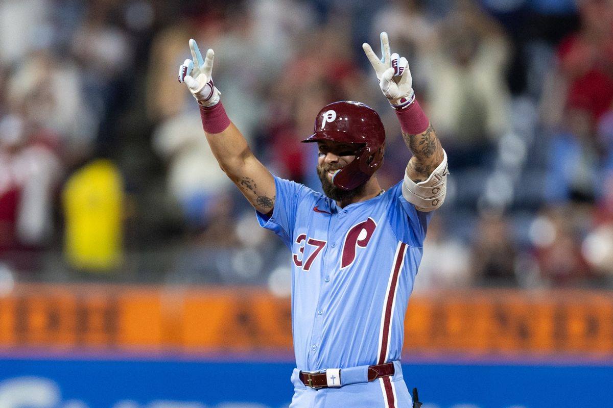 Aug 15, 2024; Philadelphia, Pennsylvania, USA; Philadelphia Phillies outfielder Weston Wilson (37) reacts after hitting a double during the eighth inning to complete the cycle against the Washington Nationals at Citizens Bank Park. Mandatory Credit: Bill Streicher-USA TODAY Sports