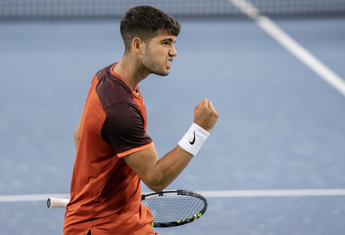 Aug 15, 2024; Cincinnati, OH, USA ; Carlos Alcaraz of Spain reacts to a point during his match against Gael Monfils of France on day four of the Cincinnati Open. Mandatory Credit: Susan Mullane-Imagn Images