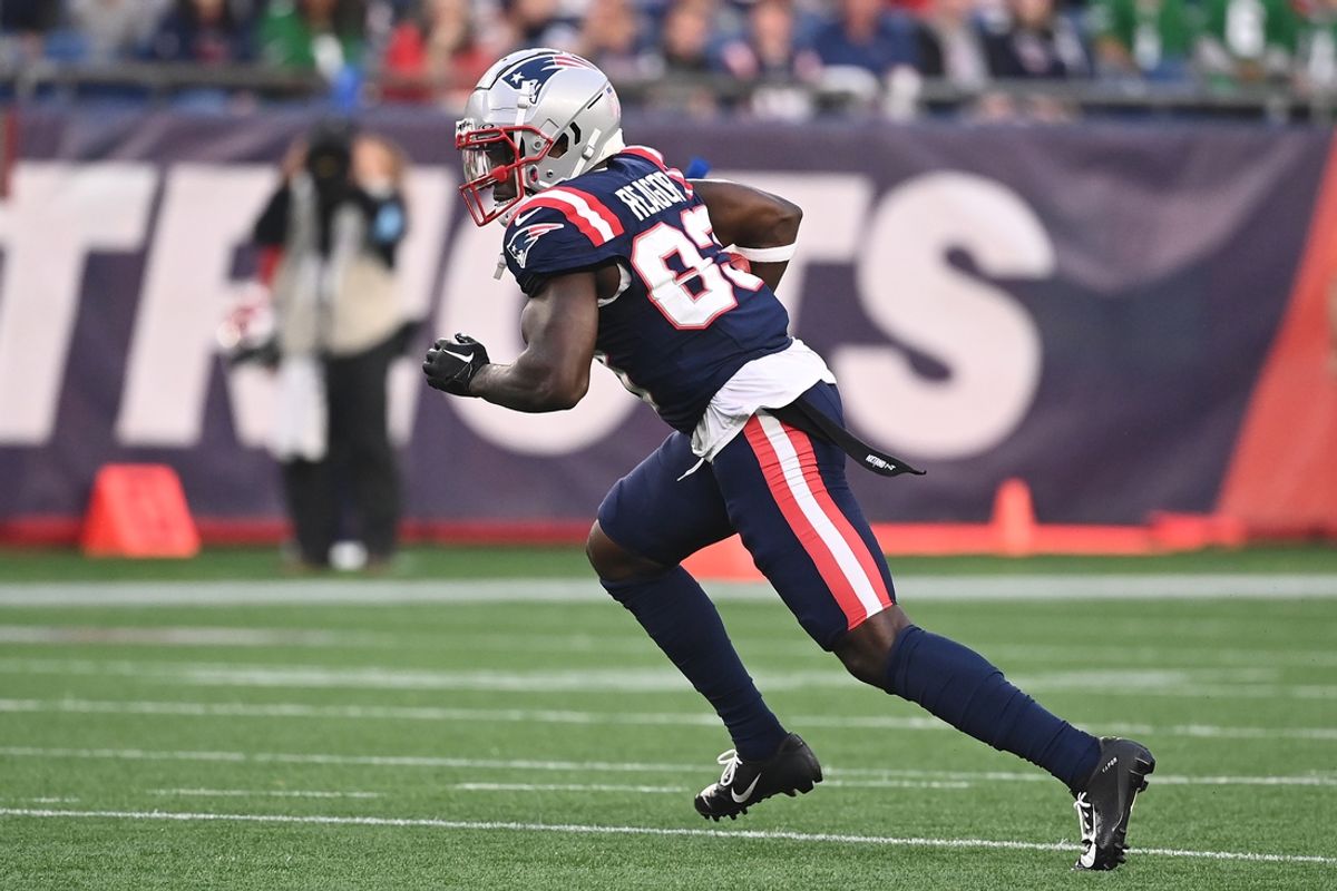 Aug 15, 2024; Foxborough, MA, USA; New England Patriots wide receiver Jalen Reagor (83) runs the ball during the first half against the Philadelphia Eagles at Gillette Stadium. Mandatory Credit: Eric Canha-Imagn Images