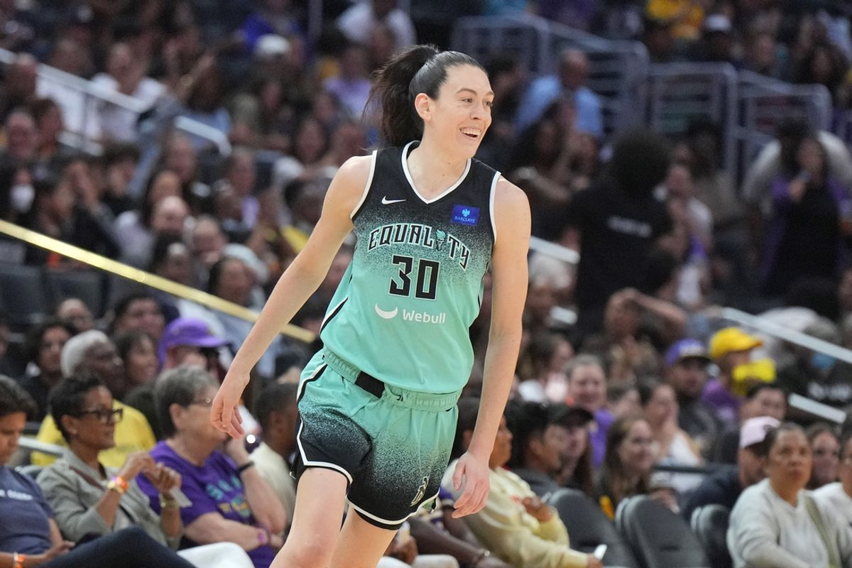 Aug 15, 2024; Los Angeles, California, USA; New York Liberty forward Breanna Stewart (30) celebrates in the first half against the LA Sparks Crypto.com Arena. Mandatory Credit: Kirby Lee-USA TODAY Sports