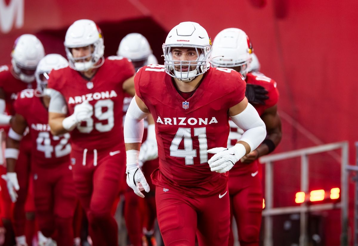 Aug 10, 2024; Glendale, Arizona, USA; Arizona Cardinals linebacker Markus Bailey (41) against the New Orleans Saints during a preseason NFL game at State Farm Stadium. Mandatory Credit: Mark J. Rebilas-Imagn Images
