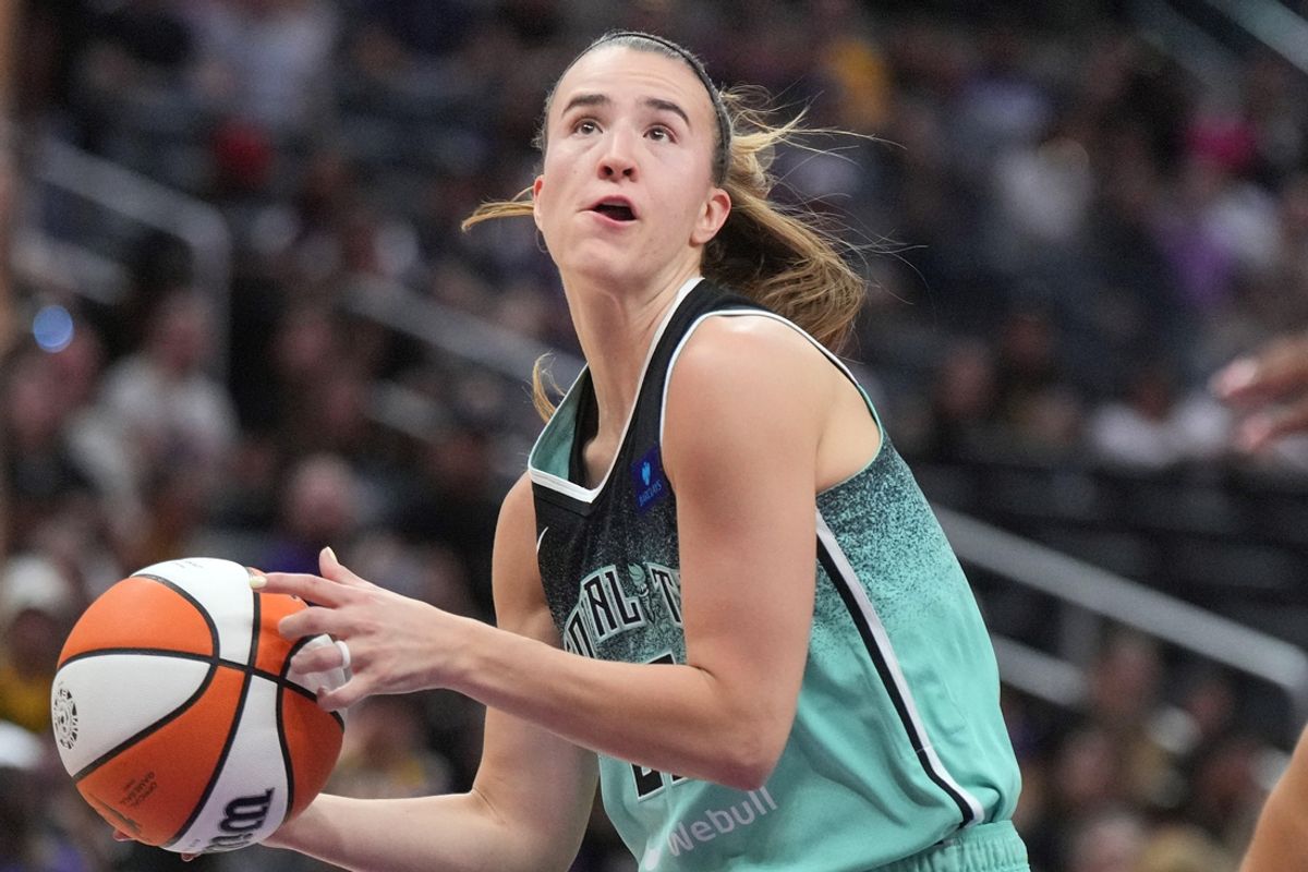 Aug 15, 2024; Los Angeles, California, USA; New York Liberty guard Sabrina Ionescu (20) against the LA Sparks in the first half at Crypto.com Arena. Mandatory Credit: Kirby Lee-USA TODAY Sports