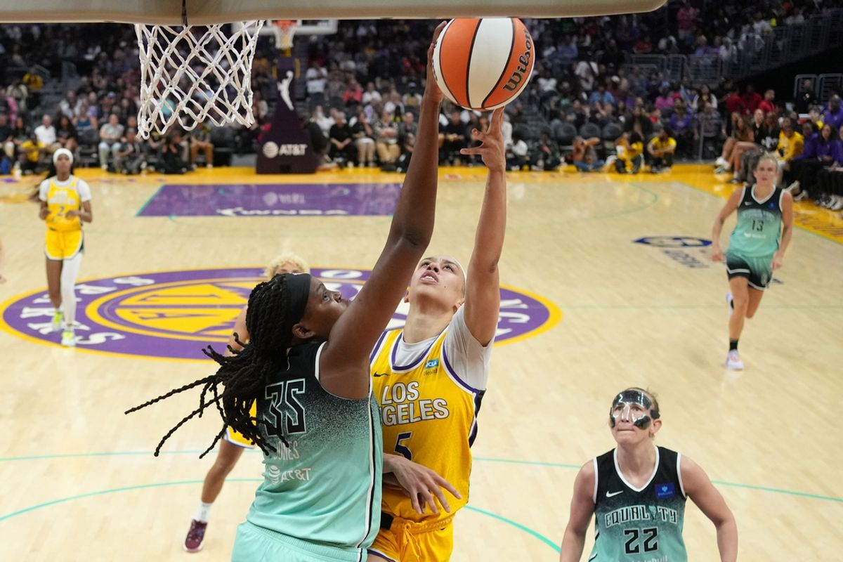 Aug 15, 2024; Los Angeles, California, USA; New York Liberty forward Jonquel Jones (35) blocks a shot by LA Sparks forward Dearica Hamby (5) in the second half at Crypto.com Arena. Mandatory Credit: Kirby Lee-USA TODAY Sports