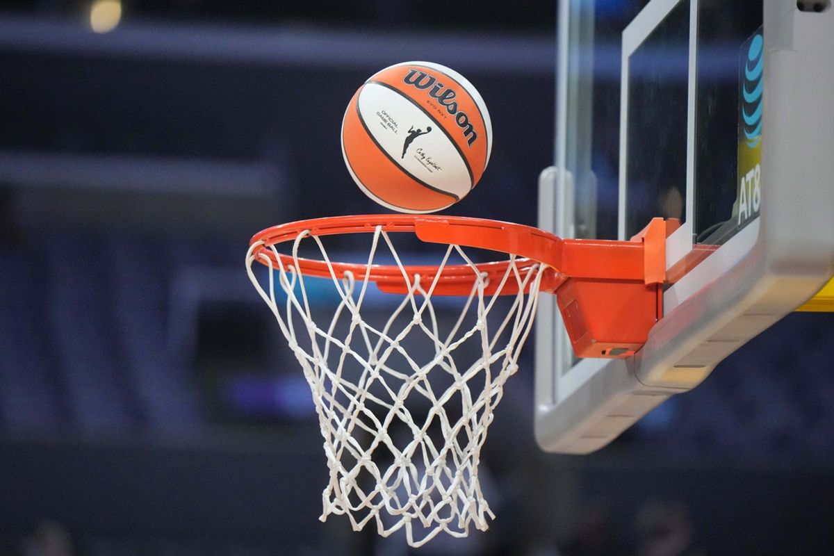 Aug 15, 2024; Los Angeles, California, USA; A WNBA official Wilson Evo NXT basketball approaches the rim and net at Crypto.com Arena. Mandatory Credit: Kirby Lee-USA TODAY Sports