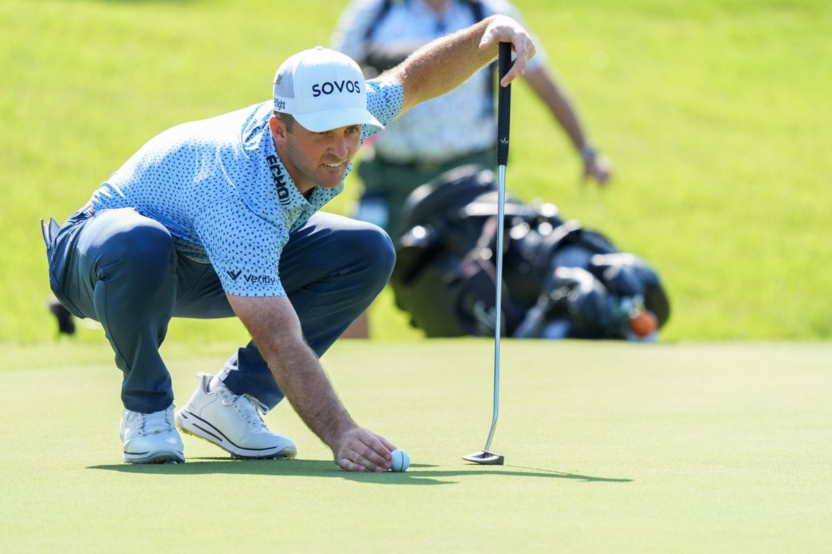 Denny McCarthy sizes up a putt on the ninth hole during the second day of the FedEx St. Jude Championship at TPC Southwind in Memphis, Tenn., on Friday, August 16, 2024.