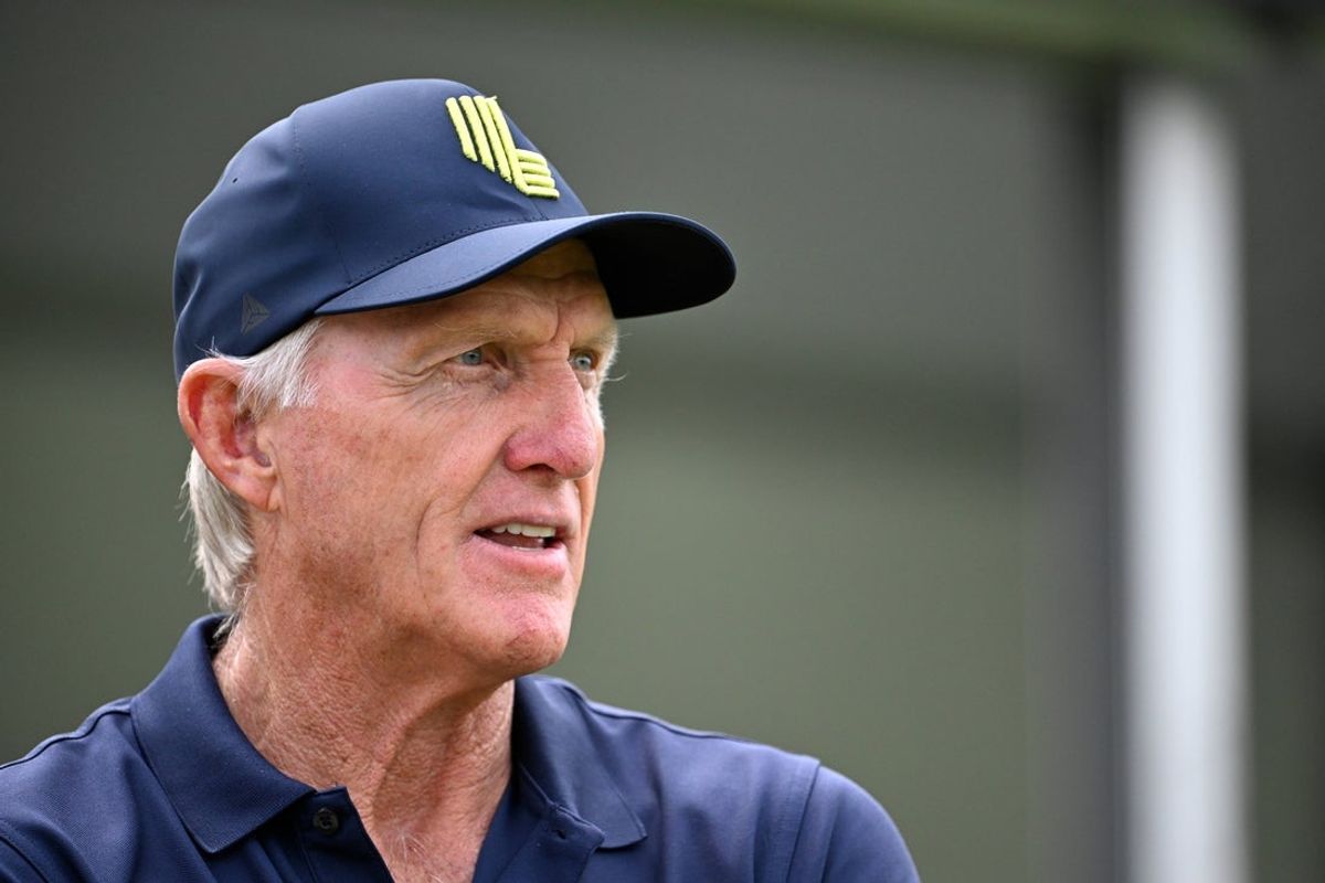 Aug 16, 2024; Greenbrier, West Virginia, USA;  LIV Golf CEO Greg Norman at The Old White at the Greenbrier. Mandatory Credit: Bob Donnan-Imagn Images
