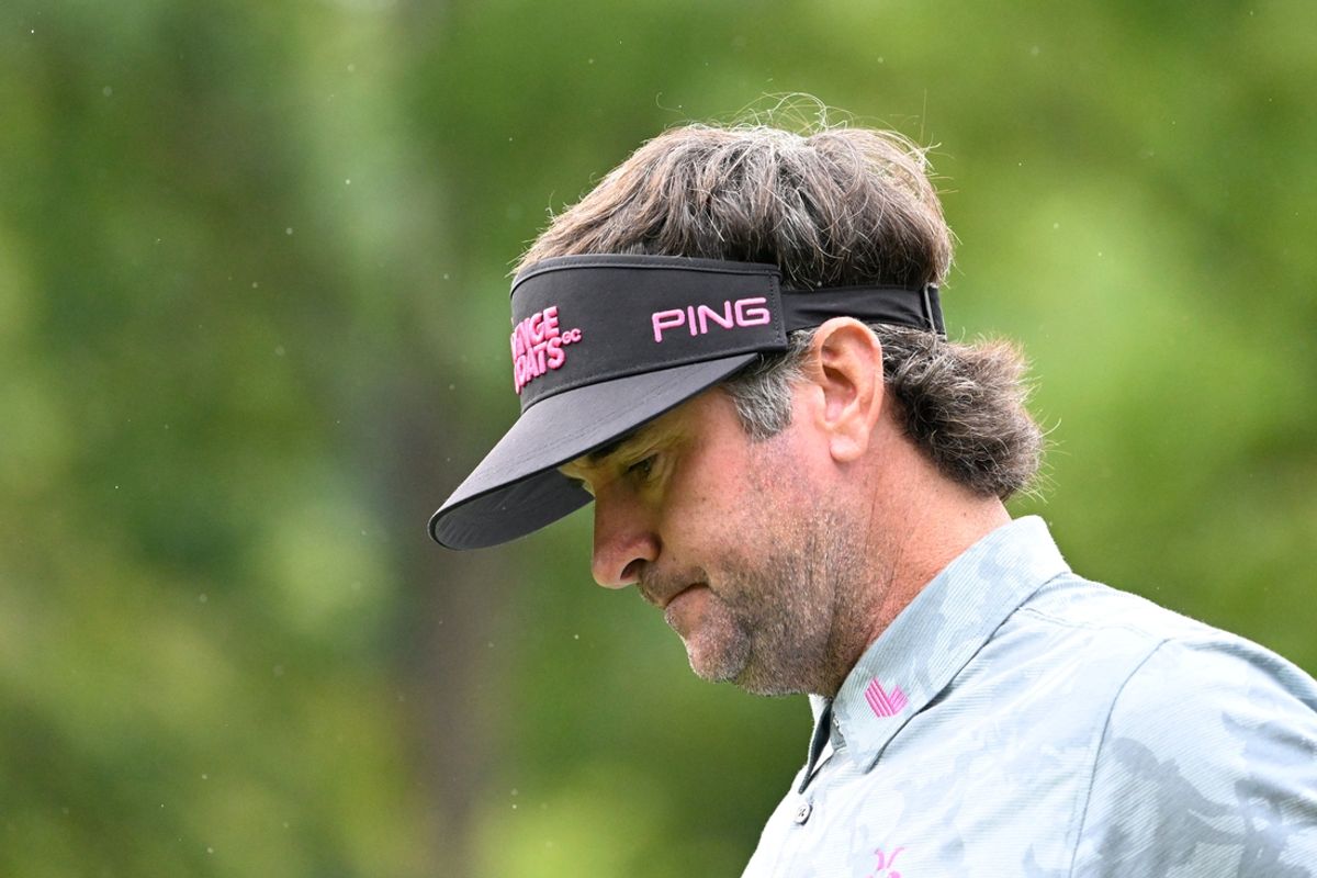 Aug 16, 2024; Greenbrier, West Virginia, USA; Bubba Watson on the second hole at The Old White at the Greenbrier. Mandatory Credit: Bob Donnan-Imagn Images