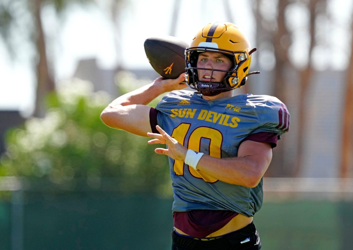 August 15, 2024; Tempe, Ariz., U.S.; ASU quarterback Sam Leavitt (10) throws a pass during practice.