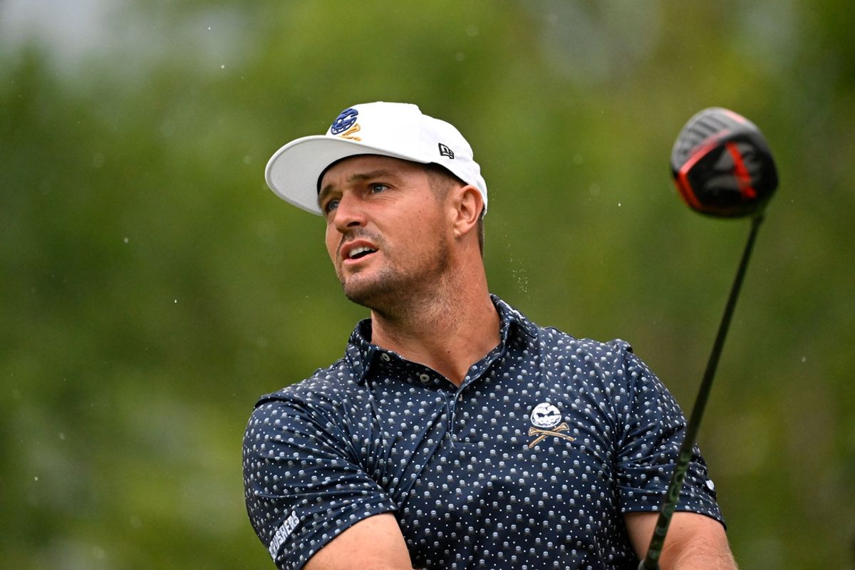 Aug 16, 2024; Greenbrier, West Virginia, USA; Bryson DeChambeau on the second hole at The Old White at the Greenbrier. Mandatory Credit: Bob Donnan-Imagn Images