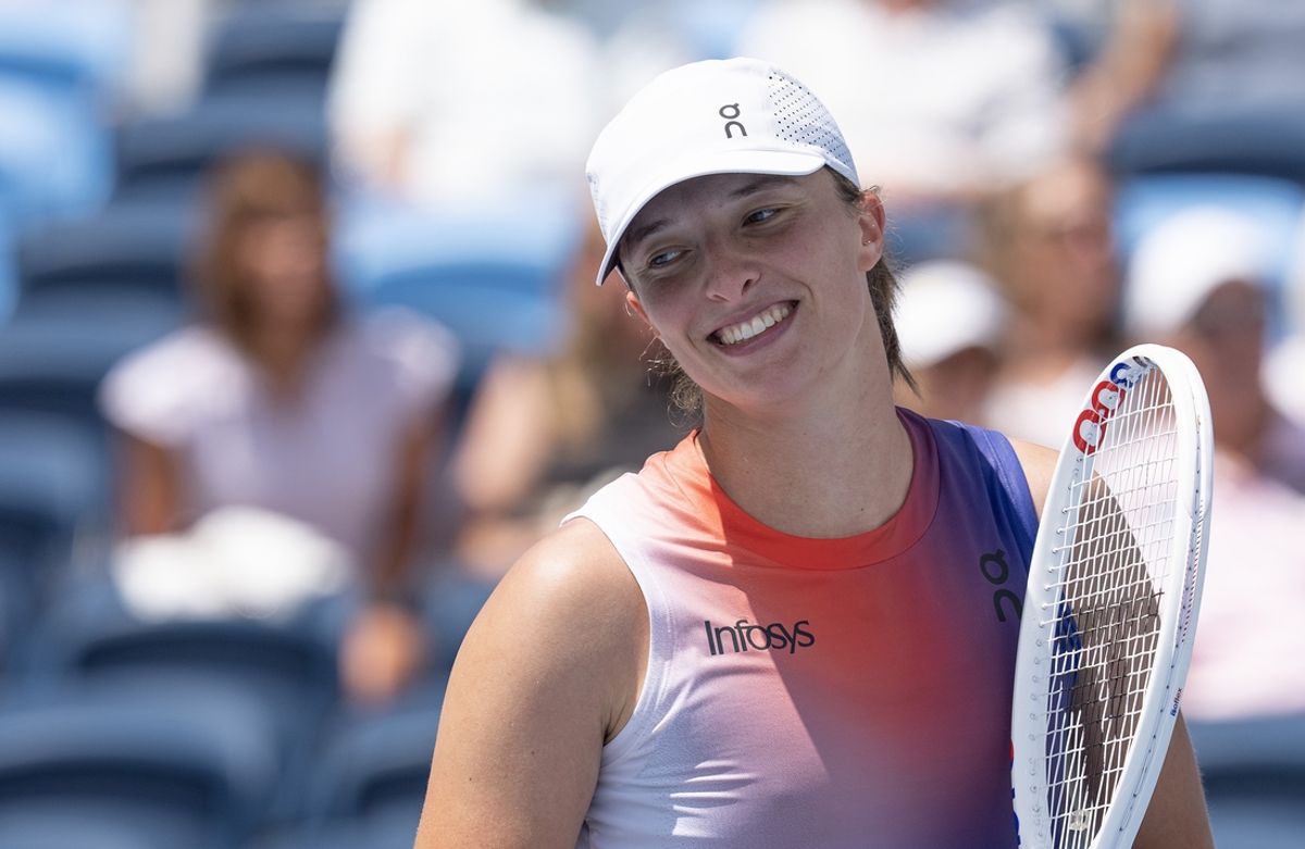 Aug 16, 2024; Cincinnati, OH, USA;  Iga Swiatek of Poland reacts to a point during her match against Marta Kostyuk of Ukraine on day five of the Cincinnati Open. Mandatory Credit: Susan Mullane-Imagn Images