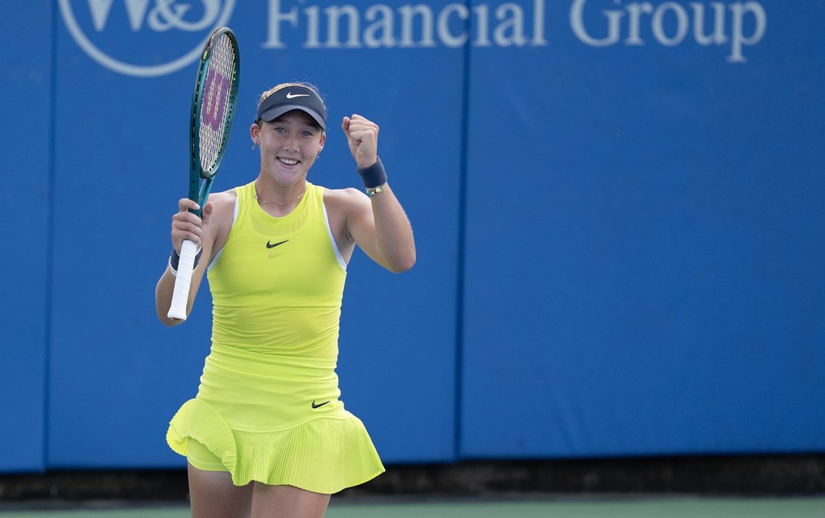 Aug 16, 2024; Cincinnati, OH, USA;  Mirra Andreeva celebrates winning her match against Jasmine Paolini of Italy (not shown) on day five of the Cincinnati Open. Mandatory Credit: Susan Mullane-Imagn Images