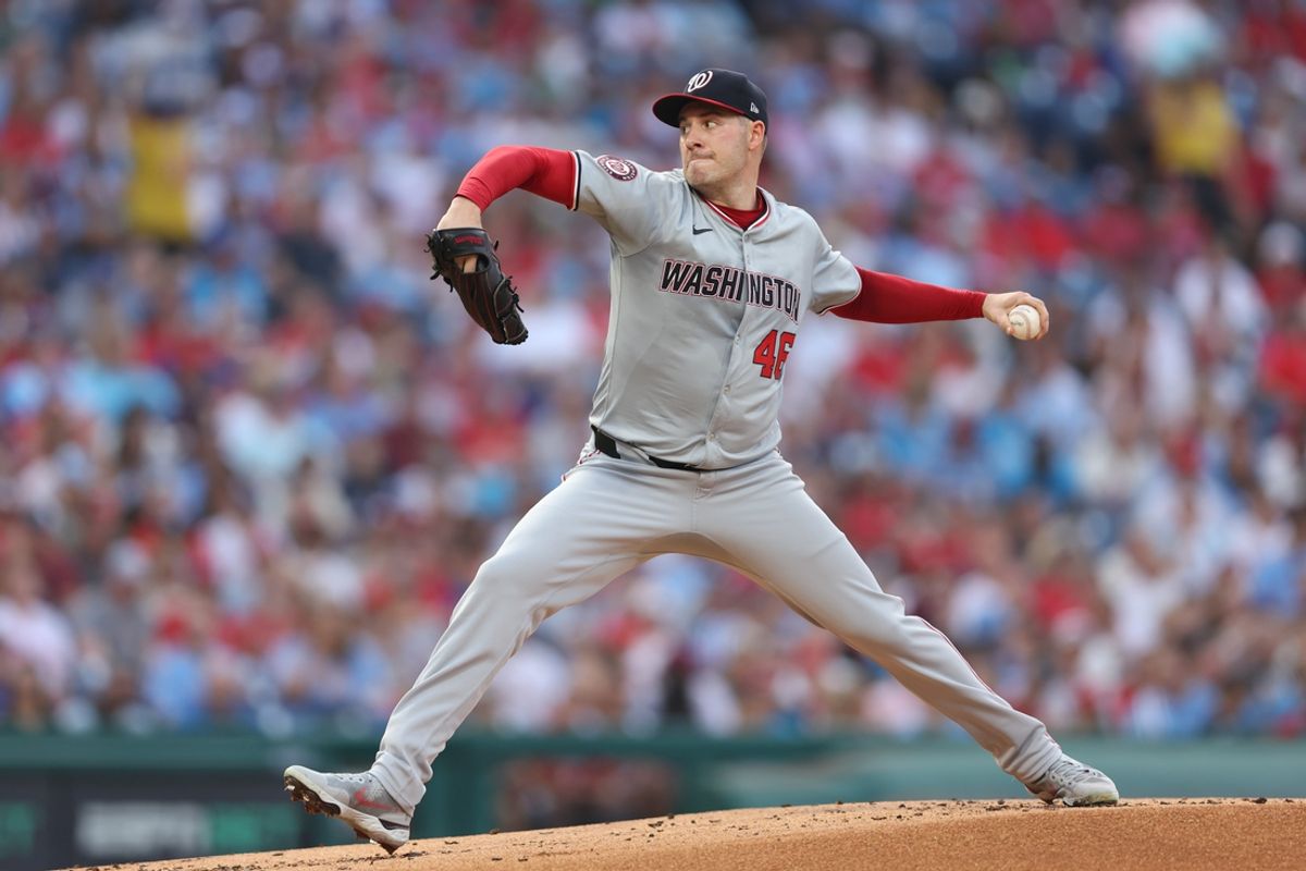 Aug 16, 2024; Philadelphia, Pennsylvania, USA; Washington Nationals pitcher Patrick Corbin (46) throws a pitch during the first inning against the Philadelphia Phillies at Citizens Bank Park. Mandatory Credit: Bill Streicher-USA TODAY Sports