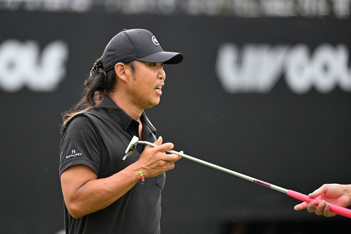 Aug 16, 2024; Greenbrier, West Virginia, USA; Anthony Kim on the 18th green at The Old White at the Greenbrier. Mandatory Credit: Bob Donnan-Imagn Images