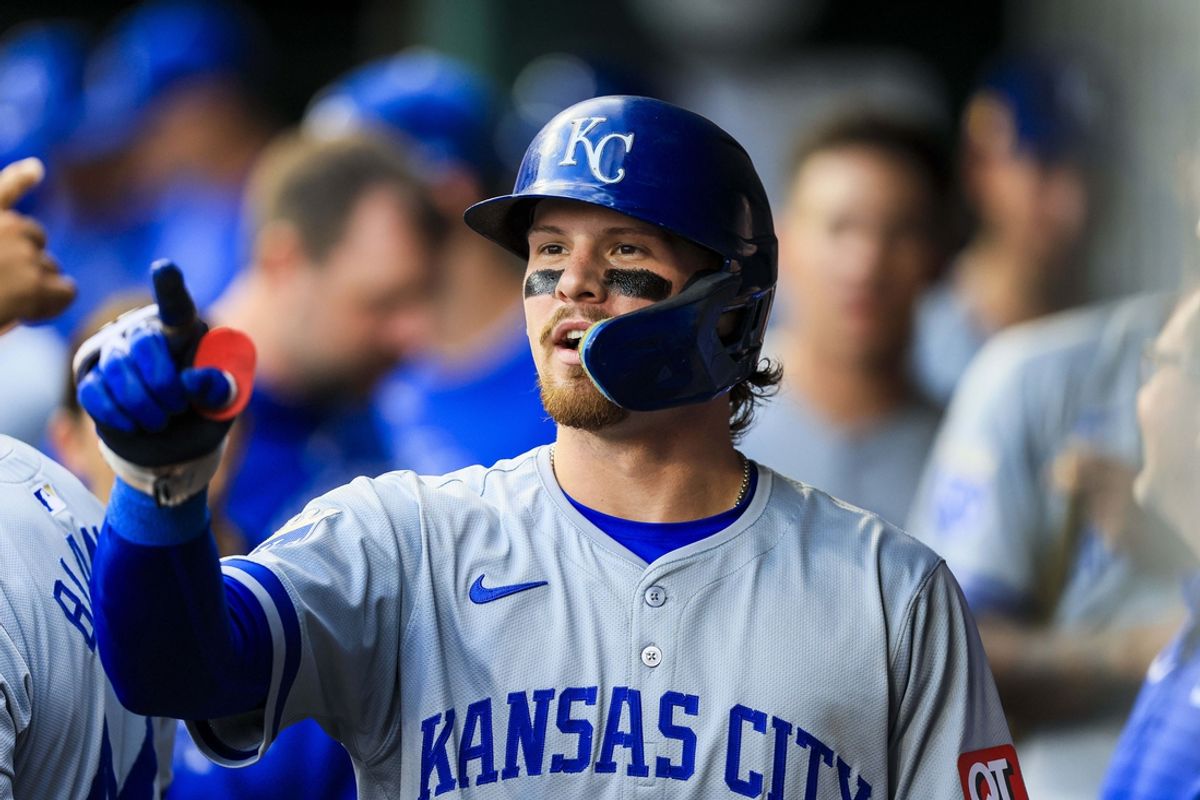 Aug 16, 2024; Cincinnati, Ohio, USA; Kansas City Royals shortstop Bobby Witt Jr. (7) reacts after hitting a solo home run in the fourth inning against the Cincinnati Reds at Great American Ball Park. Mandatory Credit: Katie Stratman-USA TODAY Sports