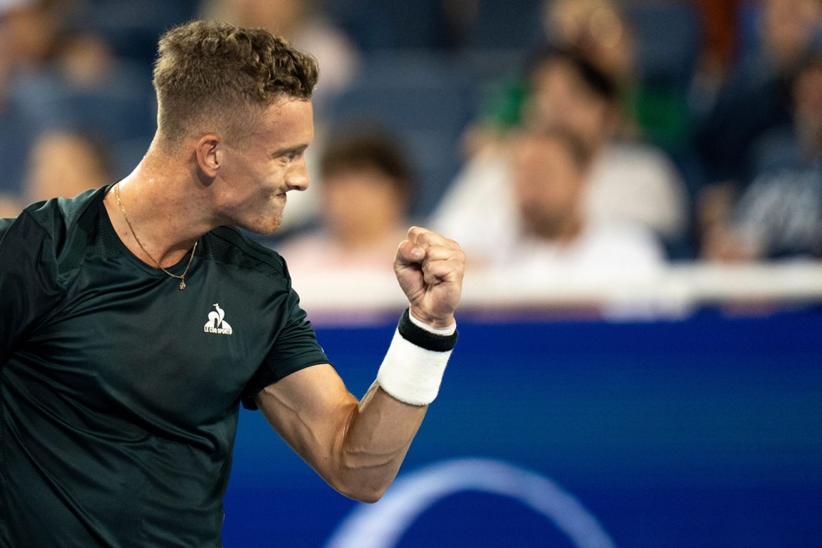 Jiri Lehecka, of Czech Republic, reacts after winning a point against Frances Tiafoe, of the United States, during the Cincinnati Open at the Lindner Family Tennis Center in Mason on Friday, Aug. 16, 2024.