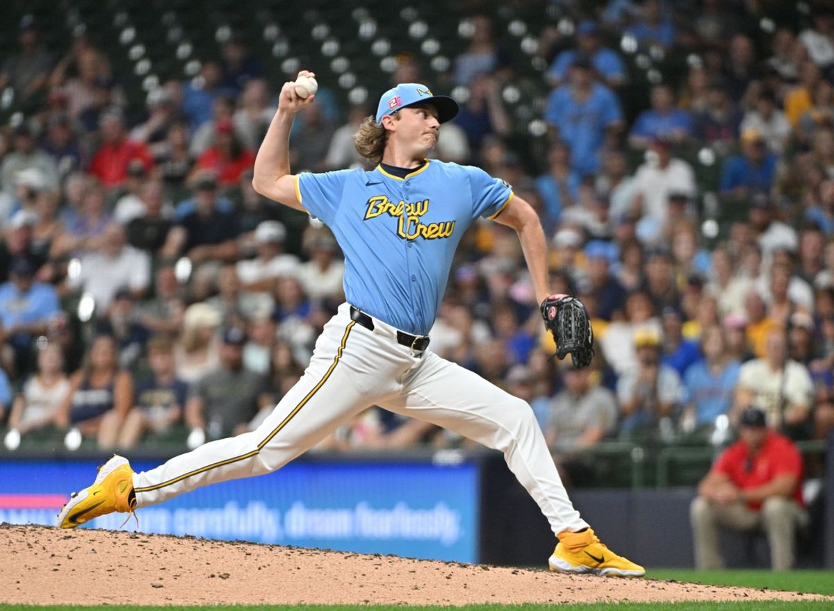 Aug 16, 2024; Milwaukee, Wisconsin, USA; Milwaukee Brewers pitcher Nick Mears (25) delivers a pitch against the Cleveland Guardians in the eighth inning at American Family Field. Mandatory Credit: Michael McLoone-Imagn Images