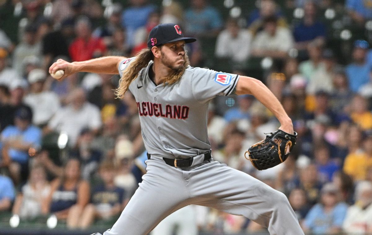 Aug 16, 2024; Milwaukee, Wisconsin, USA; Cleveland Guardians pitcher Scott Barlow (58) delivers  pitch against the Milwaukee Brewers in the eighth inning at American Family Field. Mandatory Credit: Michael McLoone-Imagn Images