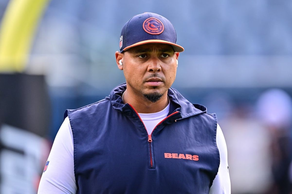 Aug 17, 2024; Chicago, Illinois, USA; Chicago Bears general manager Ryan Poles looks on before the game against the Cincinnati Bengals at Soldier Field. Mandatory Credit: Daniel Bartel-Imagn Images