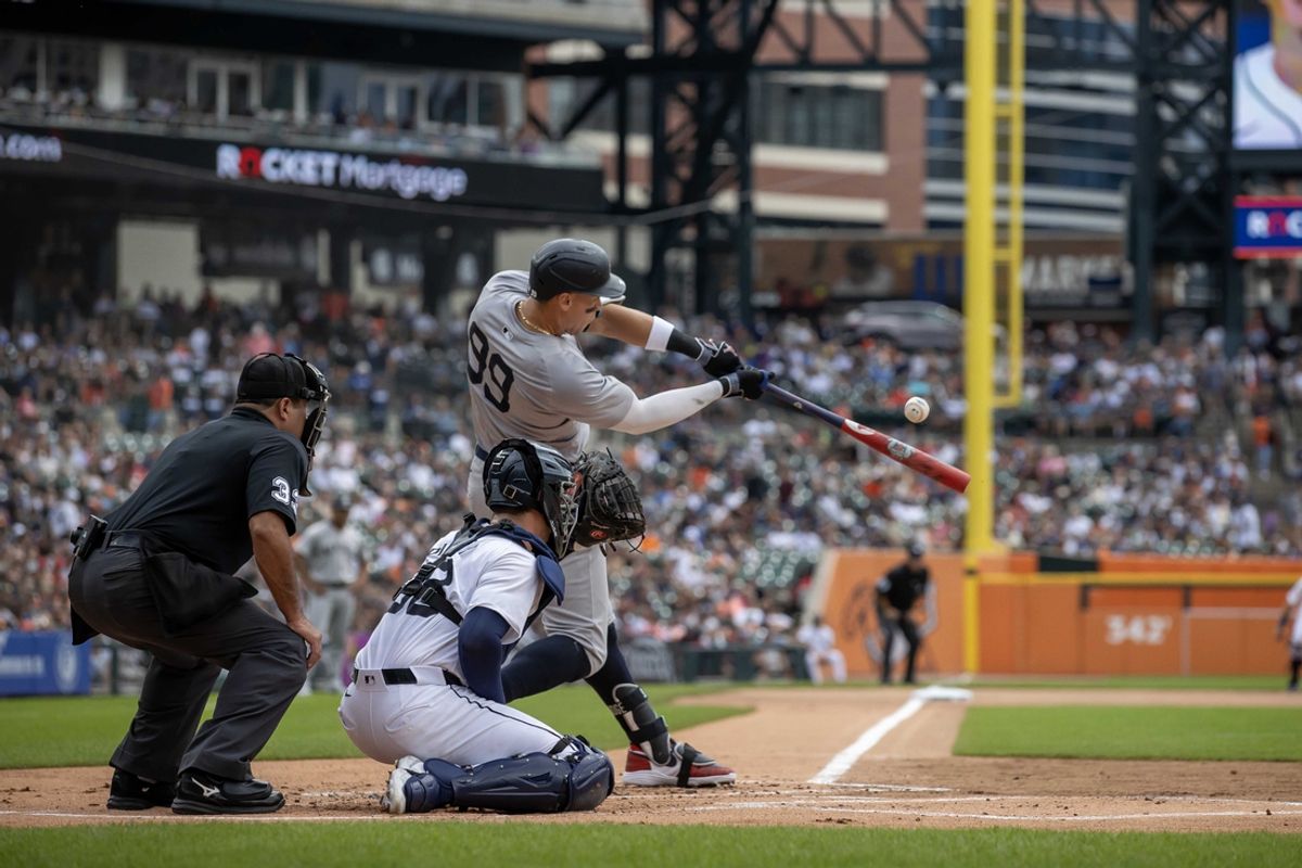Aug 17, 2024; Detroit, Michigan, USA; New York Yankees outfielder Aaron Judge (99) swings and makes contact in the first inning against the Detroit Tigers at Comerica Park. Mandatory Credit: David Reginek-USA TODAY Sports