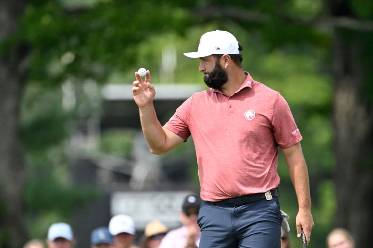 Aug 17, 2024; Greenbrier, West Virginia, USA;  Jon Rahm reacts after a birdie on the 17th hole at The Old White at the Greenbrier. Mandatory Credit: Bob Donnan-USA TODAY Sports