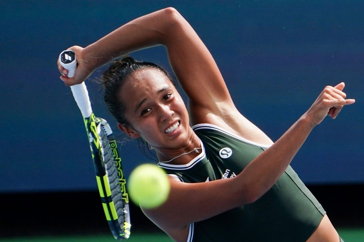 Leylah Fernandez makes a hit to Jessica Pegula in the women’s singles quarterfinals during the Cincinnati Open, Saturday, Aug. 17, 2024, at the Lindner Family Tennis Center in Mason.