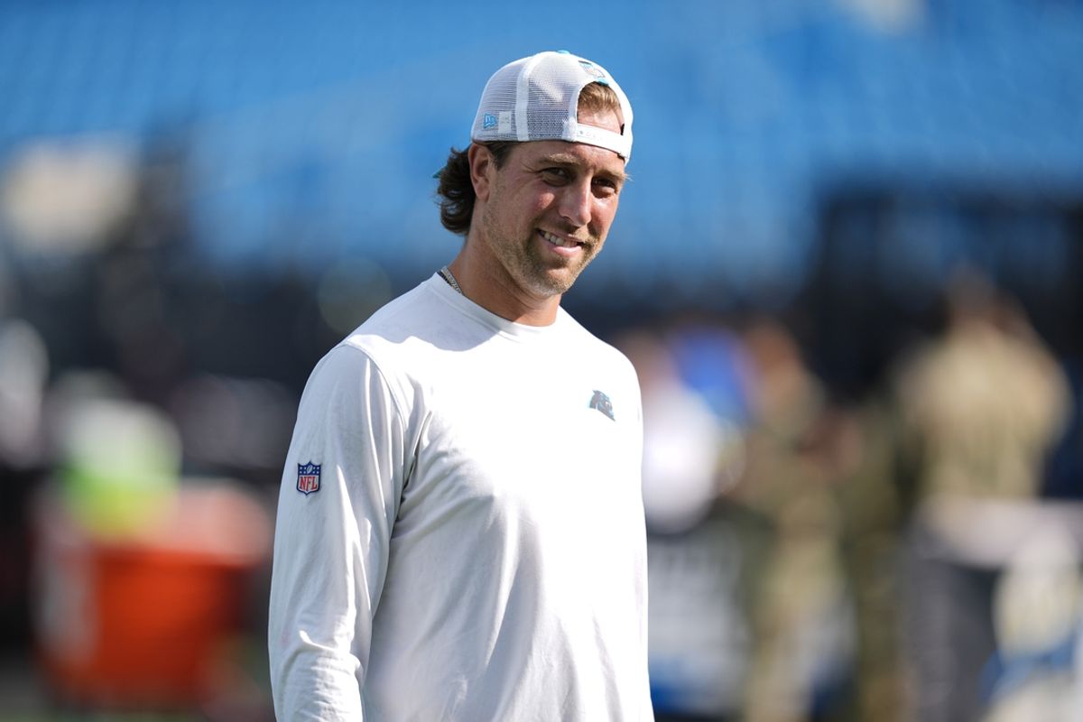 Aug 17, 2024; Charlotte, North Carolina, USA; Carolina Panthers wide receiver Adam Thielen (19) during pregame warm ups against the New York Jets at Bank of America Stadium. Mandatory Credit: Jim Dedmon-Imagn Images