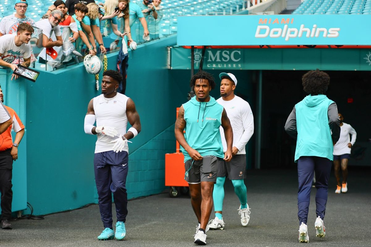 Miami Dolphins wide receivers Tyreek Hill (10) and Jaylen Waddle (17) are rolling into Los Angeles to cause problems for the Rams. Mandatory Credit: Sam Navarro-Imagn Images