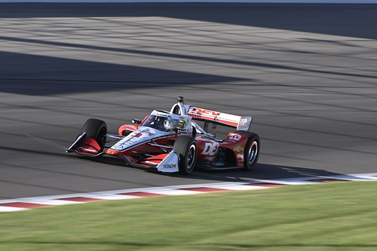 Aug 17, 2024; Madison, Illinois, USA; Team Penske driver Scott McLaughlin (3) races during the Bommarito Automotive Group 500 at World Wide Technology Raceway. Mandatory Credit: Joe Puetz-USA TODAY Sports