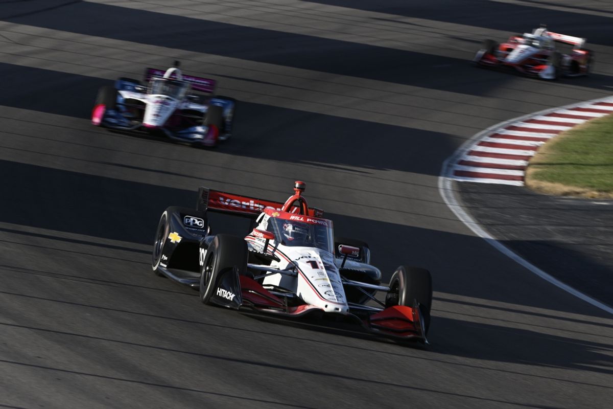 Aug 17, 2024; Madison, Illinois, USA; Team Penske driver Will Power (12) enters turn four during the Bommarito Automotive Group 500 at World Wide Technology Raceway. Mandatory Credit: Joe Puetz-USA TODAY Sports