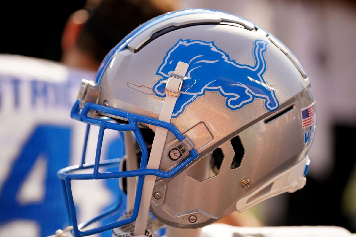 Aug 17, 2024; Kansas City, Missouri, USA; A general view of a Detroit Lions helmet during the second half of the game against the Kansas City Chiefs at GEHA Field at Arrowhead Stadium. Mandatory Credit: Denny Medley-Imagn Images