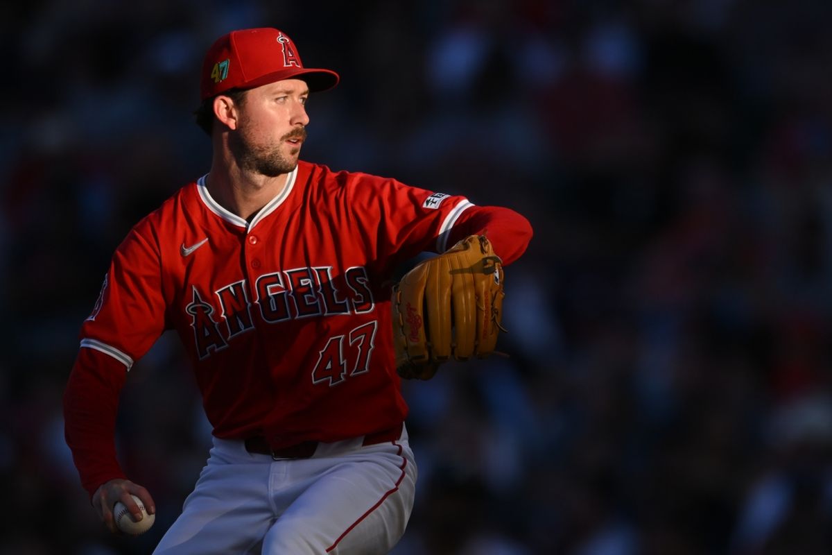 Aug 17, 2024; Anaheim, California, USA; Los Angeles Angels pitcher Griffin Canning (47) throws a pitch against the Atlanta Braves during the first inning at Angel Stadium. Mandatory Credit: Jonathan Hui-Imagn Images