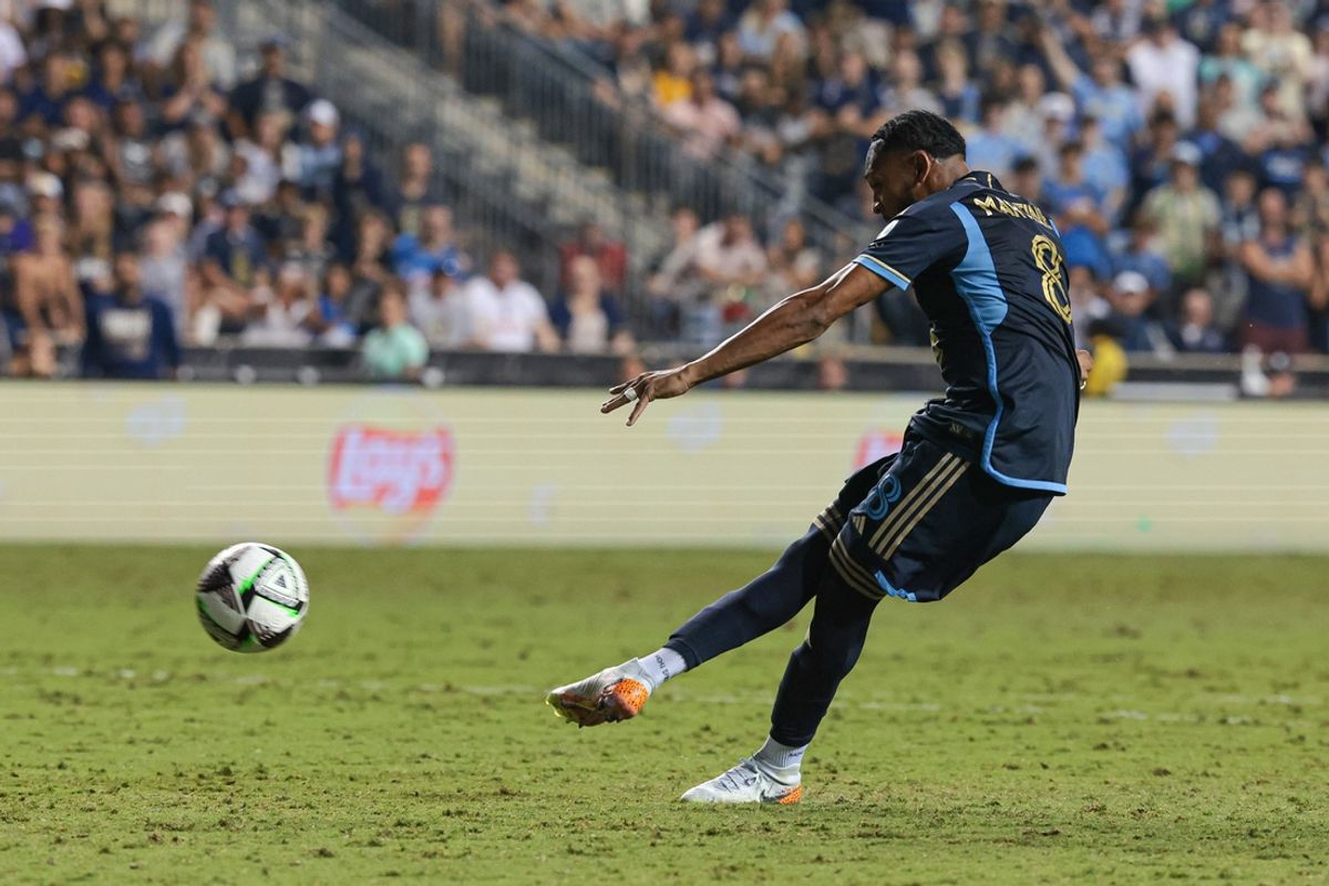 Aug 17, 2024; Chester, Pennsylvania, USA; Philadelphia Union midfielder Jose Martinez (8) scores during a penalty shoot out in a Leagues Cup quarterfinal match against Mazatlan FC at Subaru Park. Mandatory Credit: Vincent Carchietta-USA TODAY Sports