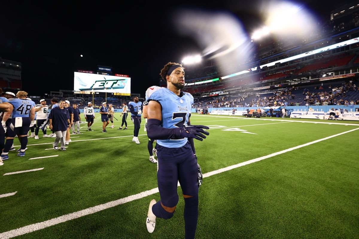 Aug 17, 2024; Nashville, Tennessee, USA;  Tennessee Titans safety Jamal Adams (33) leaves the field after celebrating a win over the Seattle Seahawksat Nissan Stadium. Mandatory Credit: Casey Gower-Imagn Images