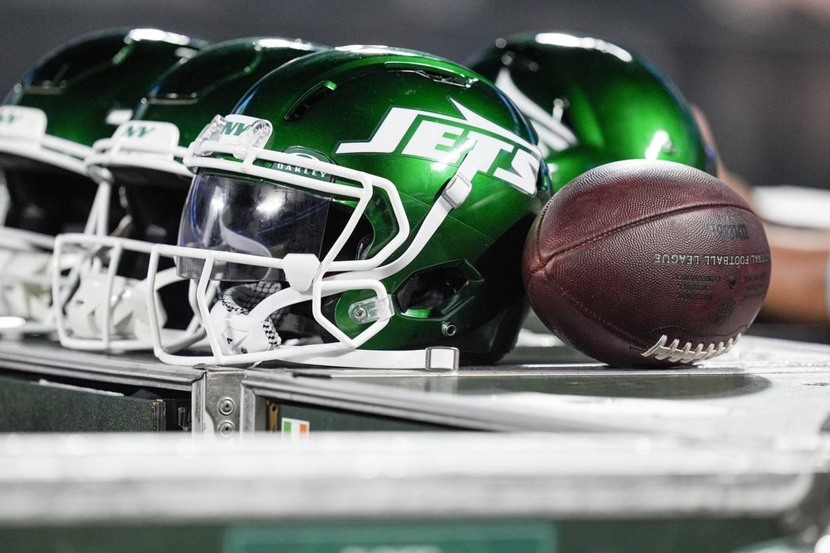 Aug 17, 2024; Charlotte, North Carolina, USA;  New York Jets helmets during the second half against the Carolina Panthers at Bank of America Stadium. Mandatory Credit: Jim Dedmon-Imagn Images
